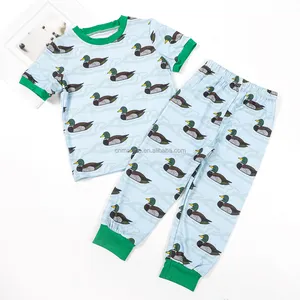 2024新款定制男童睡衣有机棉绿头鸭印花男童服装套装