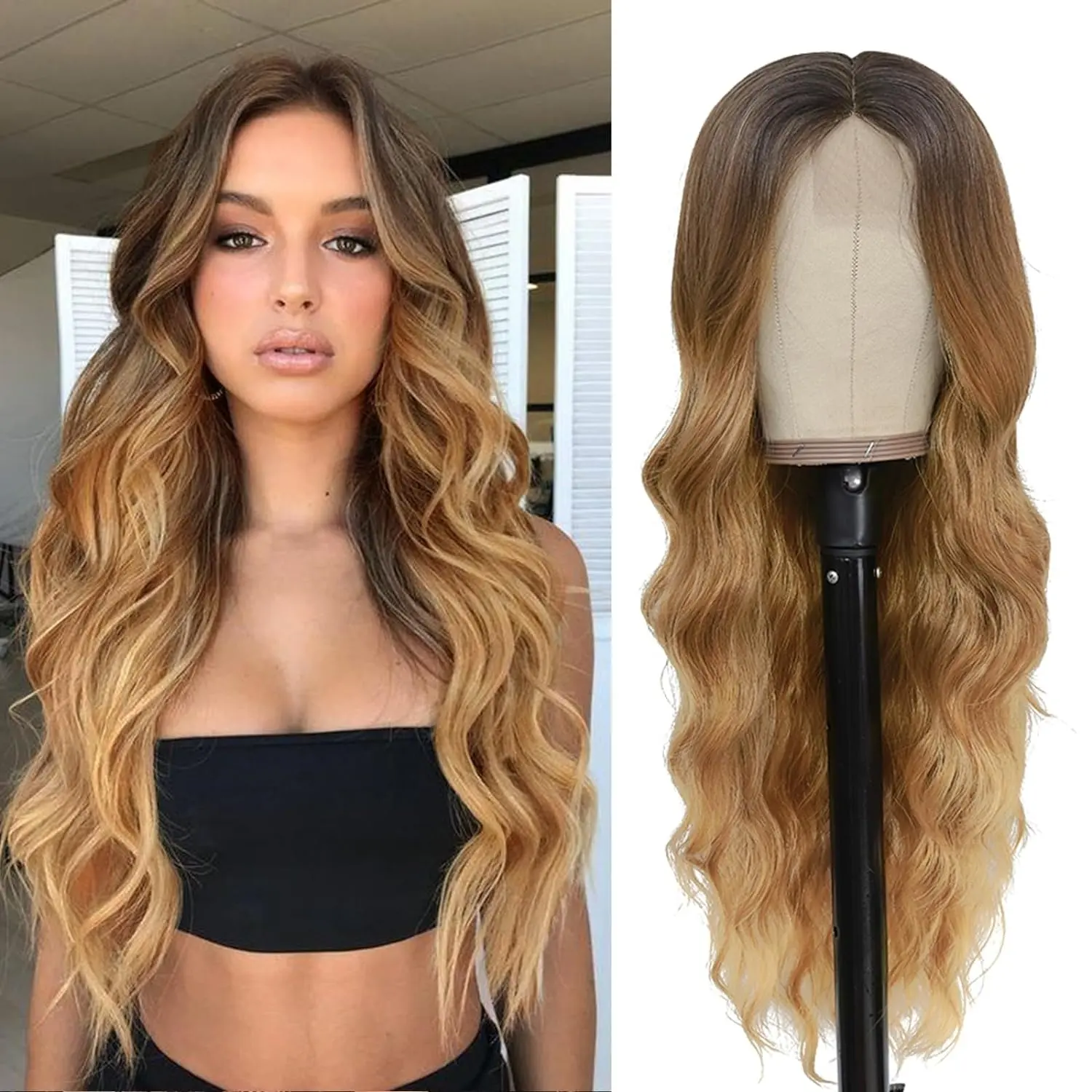 G&T Wig Long Wavy Wig Middle Part Curly Wavy Wig Natural Looking Synthetic Heat Resistant Fiber Hair for Daily Party Use