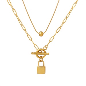 Popular Stainless Steel <b>Lock</b> Charm <b>Necklace</b> Gold Plated Bead Pendant <b>Necklace</b> - Product Image 1