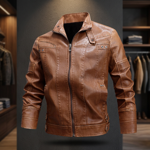 Blouson moto homme en cuir PU marron, coupe ajustée, col montant, fermeture éclair, manches classiques, idéal pour l'automne - Product Image 4