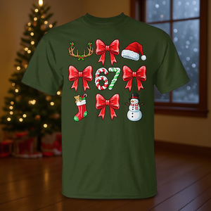 Camiseta de Navidad para Niñas, Cuello Redondo, Manga Corta, Estampado Digital, Diseño Coquette con Lazo, Tallas Seis y Siete - Product Image 3