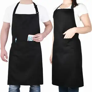 Celemek koki dapur kustom antiair tahan minyak kualitas tinggi celemek masak hitam untuk pria dan wanita dengan saku