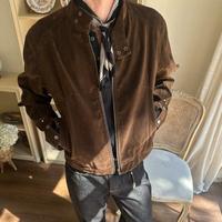 Jaket Suede Vintage lengan panjang pria, jaket kain perca berkancing ritsleting warna polos, mantel musim gugur untuk pria