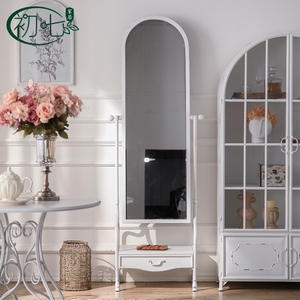 French Style Arched Full Length Mirror <b>Metal</b> <b>Framed</b> Shabby Chic Design Home Use Floor Mirror With Drawer - Product Image 1