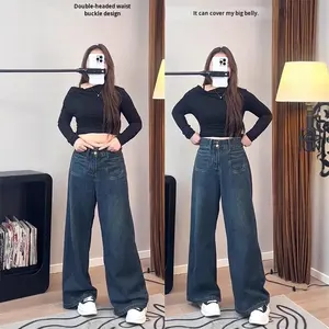 بنطلون جينز نسائي بمقاسات كبيرة، تصميم نحيف بأرجل واسعة وخصر عالي، موديل جديد للربيع والخريف بطراز أمريكي عتيق - Product Image 3