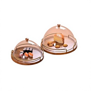 Ensemble de 2 plateaux de service en bois de différentes tailles avec dôme en acrylique, forme ronde, vaisselle de table, plateau à dessert et dôme - Product Image 1