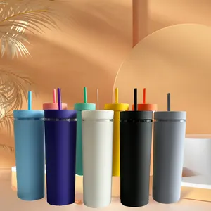 2024 High Quality 16oz Skinny Plastic Cups Cheap Price Matte Mugs With Straws Healthy Drinkware For Back To School