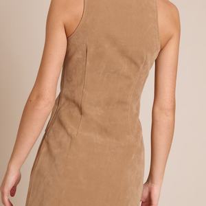 เดรสสั้นทรงเข้ารูป คอตั้ง แขนกุด ผ้าหนังกลับเทียม ซิปหน้า สไตล์เรโทร สำหรับผู้หญิง รุ่นใหม่ล่าสุด - Product Image 2