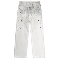 Jean en denim robuste, coton délavé, style Y2K, streetwear hip-hop, avec strass brodés au point de croix, taille mi-haute, coupe droite, effet usé, ODM