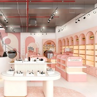 Vitrine de magasin de cosmétiques et de soins de la peau, design intérieur personnalisé, étagères, présentoirs, meubles de présentation de parfums, décoration de magasin.