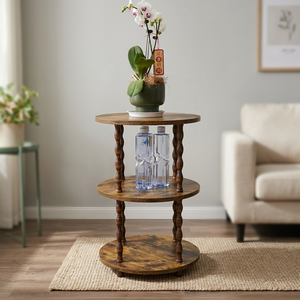 Table d'appoint rustique en bois, étagère de rangement ronde à 3 niveaux, support pour pot de fleurs pour salon, étagère de rangement d'angle en bois - Product Image 1