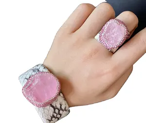 Natürliches Jade Schlangensfell rosa Kristall-Armband-Ring-Set modische handgefertigte Handwerksschmuck