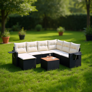 Conjunto de Sofás de Jardín en Negro y Crema, Muebles de Ratán para Exteriores con Cojines de Espuma de Alta Densidad, Diseño Contemporáneo Impermeable - Product Image 2