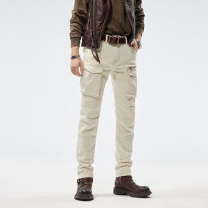 Jeans moto à poches multiples pour hommes, pantalon de motard de rue haute, blanc cargo, <span class=keywords><strong>jean</strong></span> slim stretch <span class=keywords><strong>beige</strong></span> avec fermeture éclair - Product Image 2