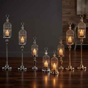 Portavelas de metal con diseño de jaula de latón AK en acabado dorado y plateado con soporte y juego de cristal superior de 8 para decoración interior de hotel - Product Image 2