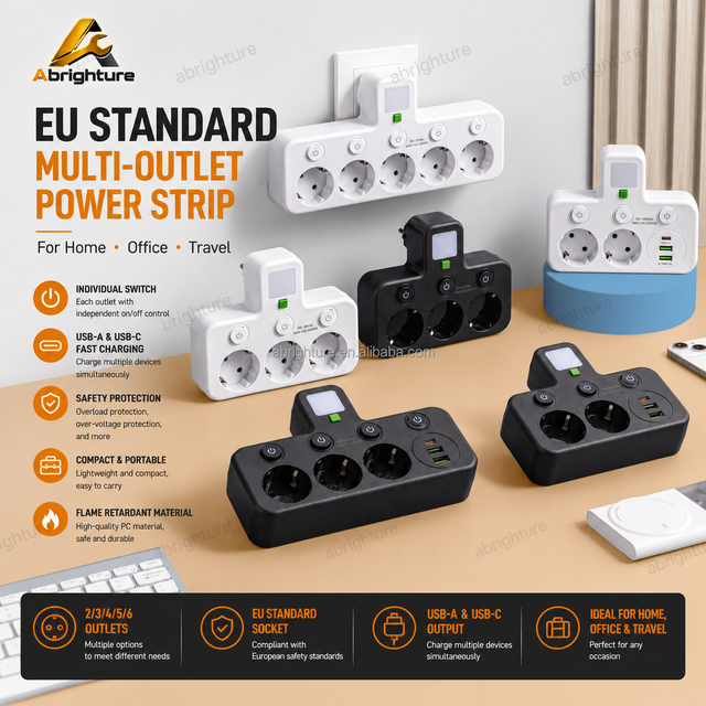2500W EU Wall Outlet Extender, 2 AC Multi Plug Adapter with Individual Switches & USB A+C, Cordless Wall Splitter