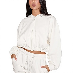 Wholesale Streetwear 300 GSM 100% Cotton Fleece Women's Oversized Full Zip Cropped Hoodie & <b>Sexy</b> Hot Shorts Lounge 2 Pieces <b>Set</b> - Product Image 2