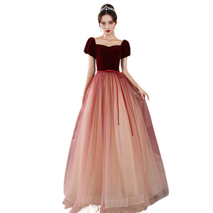 Evening Gown Women's Claret <b>A</b>-<b>Line</b> Sweetheart Neckline Tulle <b>Dress</b> With Contrast Color For Banquet Graduation Performance - Product Image 5