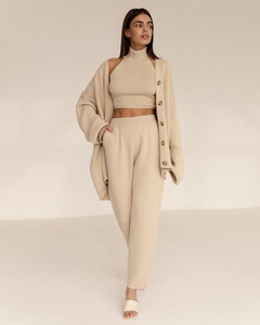 Custom <strong>Jumper</strong> 3 Piece Knitted Cashmere Set Sweater <strong>Sexy</strong> High Neck Vest Long Pant Cardigan Knitwear Plus Size <strong>Women</strong> Sweater Set - Product Image 1