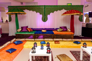 Wedding Mehndi Ceremony Wooden Moroccan <b>Bed</b> Set Traditional Wooden Moroccan <b>Bed</b> Set With Colorful Fabric Drapes For Mehndi Stage - Product Image 2