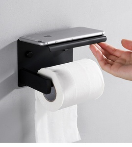 Étagère de salle de bain murale en fer noir avec barre porte-serviettes et crochets, un seul niveau, finition thermolaquée, design minimaliste - Product Image 4