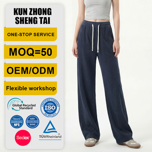 Pantalon décontracté taille haute pour <span class=keywords><strong>femme</strong></span>, coupe <span class=keywords><strong>banane</strong></span>, jambe large, longueur ras du sol, en polyester et élasthanne, avec cordon de serrage, collection Printemps 2025, pour femmes rondes - Product Image 1