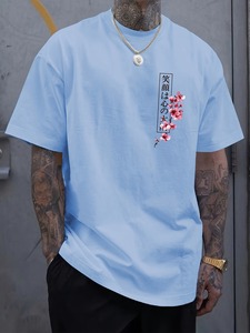 T-shirt da uomo con stampa grafica 'Smile' e fiori di ciliegio in stile giapponese, 180 grammi, stampa streetwear, rosso intenso, oversize, a maniche corte - Product Image 2