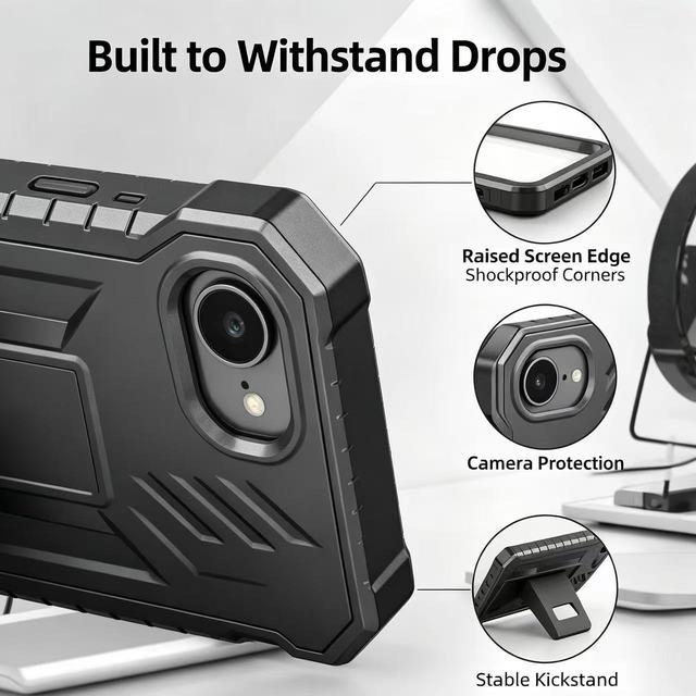 FNTCASE for iPhone 17e, Tactical Armor Design, Built-in Screen Film, Stable Kickstand, Military-Grade Drop Proof Case