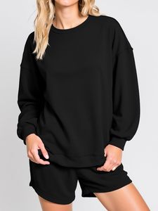 Conjunto de 2 piezas de sudadera y pantalones cortos de punto para mujer, cuello redondo, manga larga, color negro liso, corte holgado, ropa informal para todas las estaciones - Product Image 6