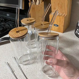 الولايات المتحدة الأمريكية 16 أونصة واضحة مزدوجة الجدران مج بوبا شاي بالتصاميم زجاج علبة بيرة بغطاء خيزران وماصة بلاستيكية مكدسة كوب زجاجي - Product Image 3