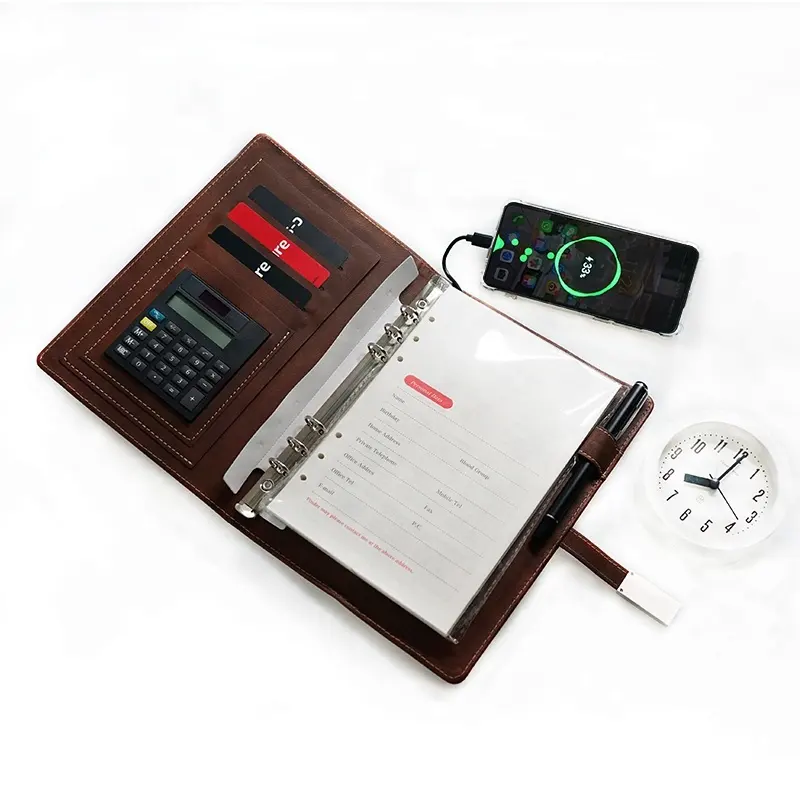 Nueva venta al por mayor Smart A5 Notebook Diary Powerbank Calculadora con USB Flash Disk Power Bank Business Planner Cuero Promoción/