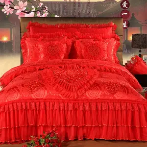家纺批发美式棉公主蕾丝刺绣玫瑰红结婚床罩