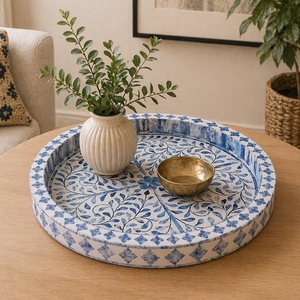 Blue Bone Inlay Round Decorative Serving Tray Luxury Coffee <b>Table</b> Centerpiece <b>Vanity</b> Organizer Display Tray for Home Decor - Product Image 3