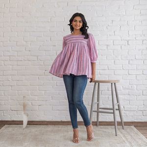 Haut en coton rayé rose pour femmes - Product Image 1