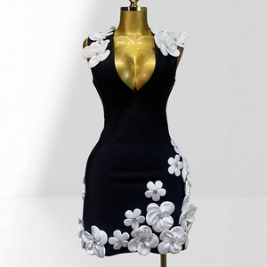 ZHEZHE Abito Corto a Linea A con Fiori Tridimensionali, Scollo a V <span class=keywords><strong>Sexy</strong></span>, Senza Maniche, Vita Impero, Dolce <span class=keywords><strong>Vestito</strong></span> Autunnale - Product Image 1