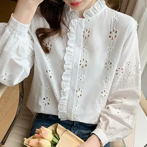 Camisas Oversize Women's Bohemian Blouse Ladies Blouse Shirt Eyelet Embroidery Vintage Women Blouse