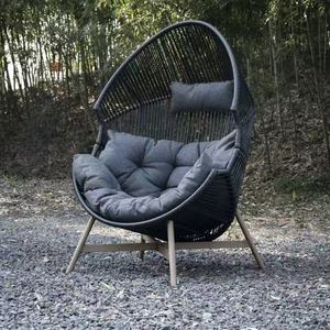 Modern Black <b>Rattan</b> Dining Chair with Ottoman Set PE Dark Gray Cushions Solid Wood Frame-98x100x142cm & 48x63x37.5cm - Product Image 4