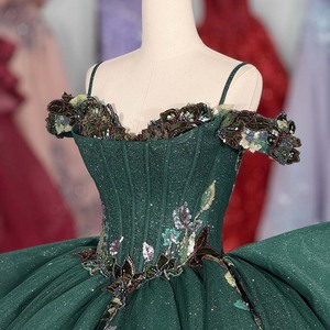 Dy6953 Stunning Emerald <b>Green</b> Quinceanera Ball Gown Sweetheart Neck Vintage Appliques 3D Floral Glitter Chiffon <b>Corset</b> Dress - Product Image 4