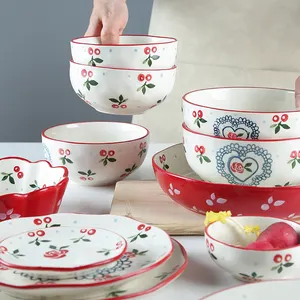 Mangkuk Makanan Porselen Keramik Gaya Jepang, Warna Merah Bulat