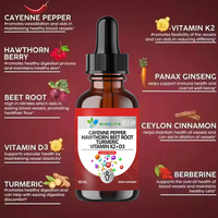 Gouttes liquides de complexe de poivre de Cayenne et d'aubépine 60ml avec racine de betterave, curcuma, vitamines K2+D3 – Supplément oral premium