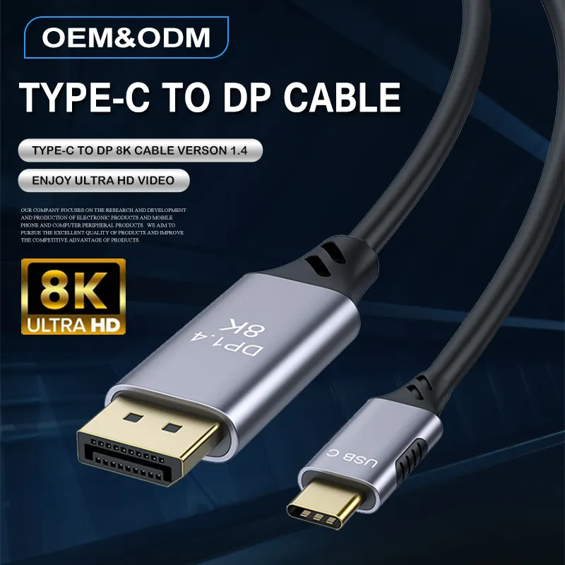 Haute Définition 8K @ 60Hz Usb Type C À Dp Dynamique HDR Type C À Dp 8k Câble 8K Ultra HD Bidirectionnel Type-C À Dp