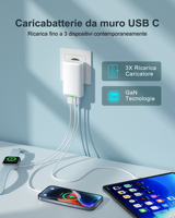Chargeur rapide 20W PD GaN USB-C 2C1A compact avec prise EU pliable certifié CE UKCA pour téléphone portable et écouteurs