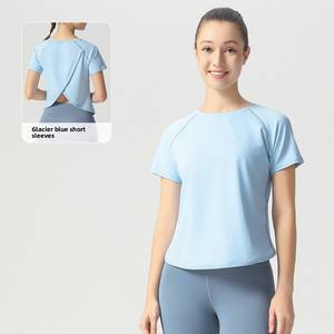 LOGO personnalisé Nouveau <span class=keywords><strong>T</strong></span>-Shirt Yoga Fitness Respirant Léger Beau Design Croix Creuse au Dos avec Col Rond Haut de Sport Gym - Product Image 4