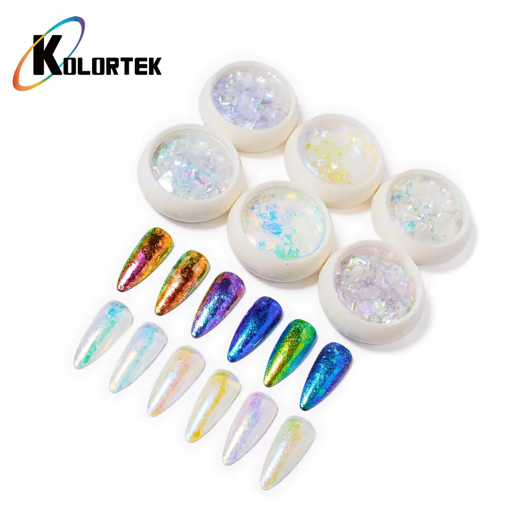 KOLORTEK Holographische Aurora schillerndes Nagelkunst-Folienflocken-Set Nagelkunst-Glitzer-Flocken Designdekoration Chromfolien-Glitzer