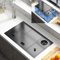 Évier de cuisine multifonctionnel en acier inoxydable à cuve unique avec cascade, lave-tasses et purificateur d'eau, noir moderne
