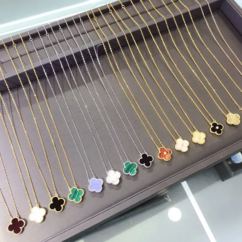 Kalung Keberuntungan Empat-daun Semanggi S925 Perak VCA Kualitas Tinggi Liontin Batu Akik Indah Perhiasan Klasik Wanita Kalung