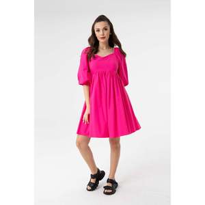 Vestido Mini Fruncido con Cuello en V y Mangas Abullonadas para Mujer - 31153ELB - Fucsia - Product Image 3