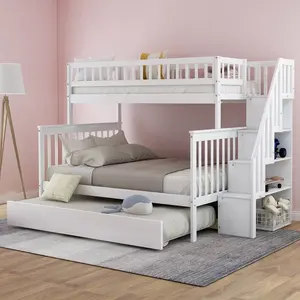 モダンなデザイン無垢材収納子供3段ベッド子供ベッドトリプル二段ベッド