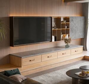 Meuble TV intégré contemporain en bois - Meuble de salon élégant avec accents dorés et rangement en grille LED - Product Image 1
