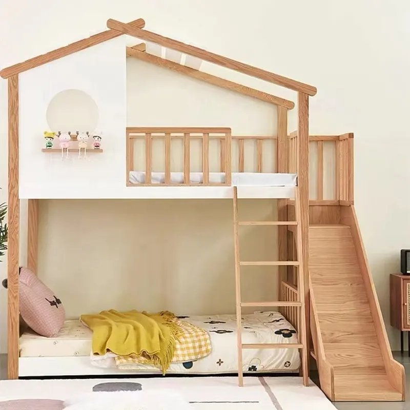 Interior fuerte y suave cabaña escalera loft cama de madera con tobogán para tu querida niños